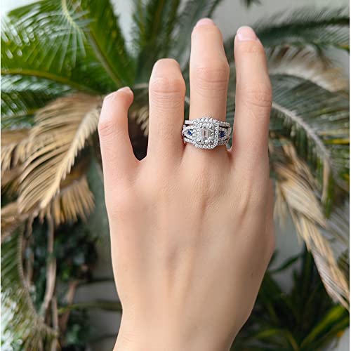Doveggs 3.26Ct Total 5X7Mm G-H-I Color Emerald Cut Moissanite Antqiue Double Halo Engagement Ring Moissanite&Blue Sapphire Accents Curved Enhancer Guard Band Bridal Sets 14K Gold Quality Silver Wedding Engagement(6.5) #TOP2