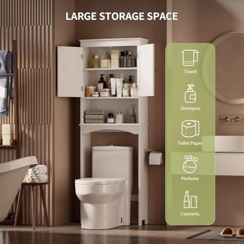 Gizoon Over the Toilet Storage Cabinet with Adjustable Shelf and Double Doors, Bathroom Space Saver Organizer Above Toilet with Open Shelf, Taller Wooden Free Standing Toilet Rack -White