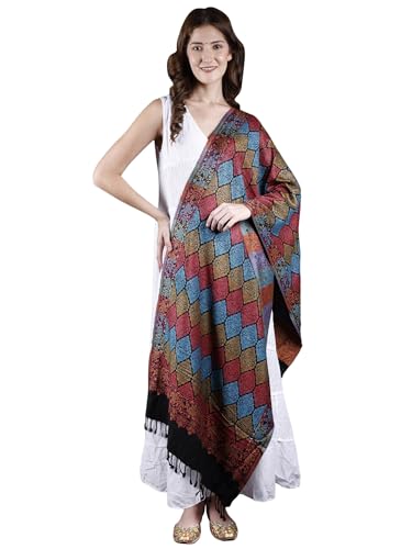 Black-Onyx Rayon Stole from Punjab with Woven Multicolor Parsi Design