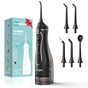 Leominor Water Flosser Pick for Teeth, 300ML Portable Oral Irrigator Upgraded Tank Removable,IPX7 Waterproof, Rechargeable Travel Teeth Cleaner, Professional Electric Flossing Machine (Black)