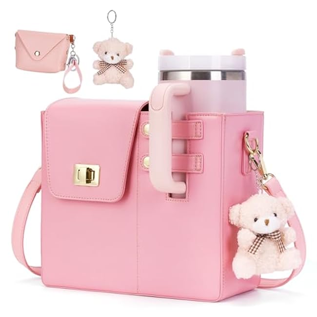 Cup Purse for Stanley, Pink Lunch Bag Crossbody Water Bottle Holder Purse Accessories for Stanley Cup