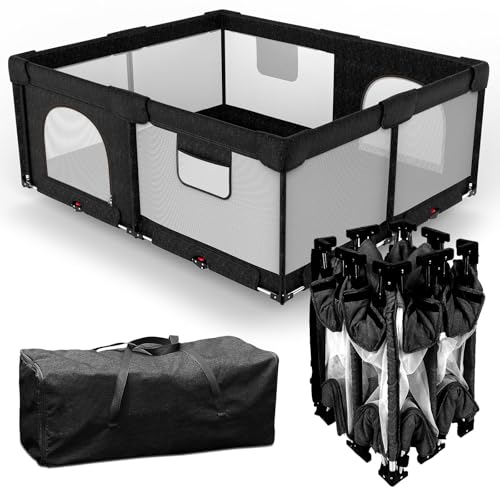 Image of Veraste Foldable Baby Playpen with Gate, Extra Large Collapsible Play Yard for Babies & Toddlers, Portable Travel Playpen, Baby Activity Center for Indoor & Outdoor Use (Black 51"×51")