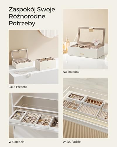 SONGMICS Pudełko na biżuterię z 6 poziomami, możliwość układania w stosy, duże pudełko na biżuterię, pudełko na biżuterię ze szklaną pokrywką, 17 x 28 x 25,3 cm, biały JBC195W01