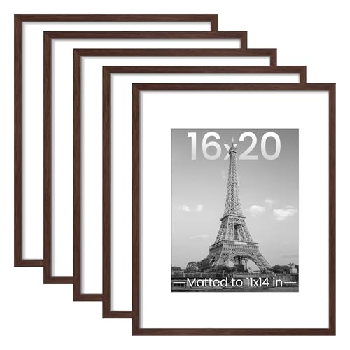Image of upsimples 16x20 Picture Frame Set of 5, Display Pictures 11x14 with Mat or 16 x 20 Without, Wall Gallery Poster Frames, Brown