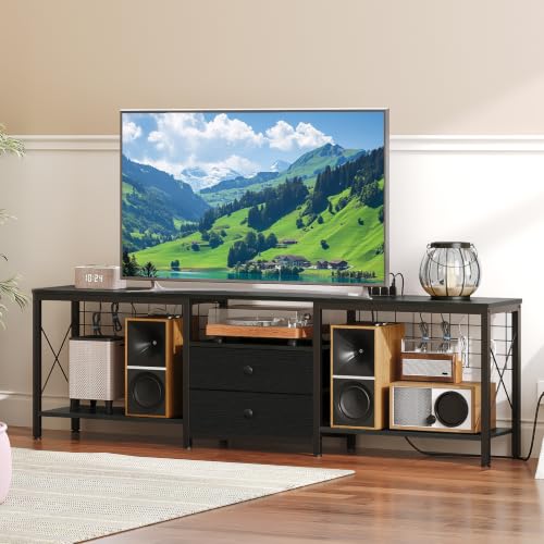 Image of YATINEY TV Stand with Power Outlet Up to 75 Inch, Entertainment Center with 2 Fabric Drawers, TV Console Table with Open Storage Shelves for TVs, Cable Management, for Living Room, Bedroom, DS18UBBY1