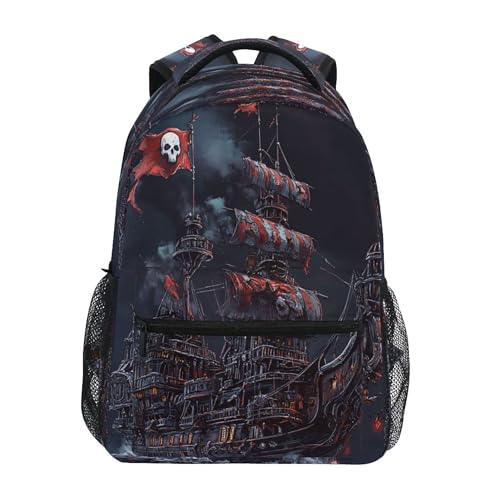 KLL Sport Backpack for Teens Boys Girls Fashion Vintage Daypacks with Chest Strap for Business Work College Travel Trip Pirate Ship with Skull Flag