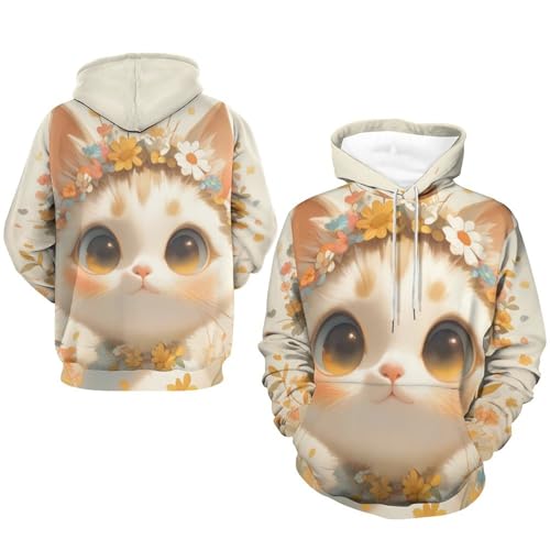 Sweat à capuche chat blanc et fleurs pull manches longues unisexe taille S - 7