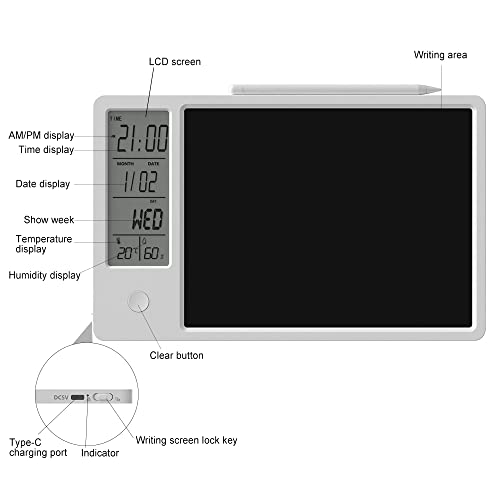 JSJGETYI Electronic Desktop Calendar Rechargeable Writing Notepad with Digital Clock Date Time Week Indoor Temperature Display 9.5inch Drawing Pad for Office Home Business(White) - Image 5