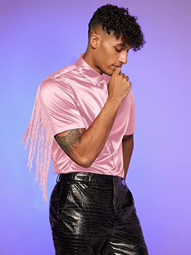 WDIRARA Men's Button Front Short Sleeve Fringe Trim Party Shirt Collar Club Tops2