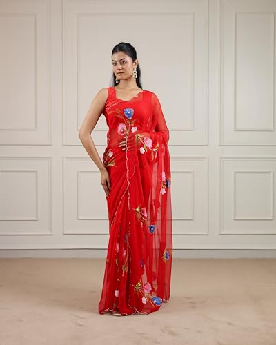Image of Arkia Women's Hand Painted and Hand Cut dana Work Saree, Red Floral Embroidered Traditional Indian Saree