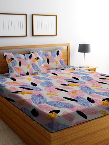 Image of DECORUM Glace Cotton Fitted 1 Bedsheet King Size (72 inchx78 inch) | All Around Elastic | Cotton Feel | 2 Pillow Covers (17 inchx27 inch) | Fits Up to 8 inch Mattress | 200-220 TC | Printed Double Bed Sheet Set