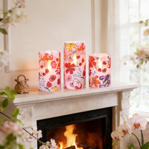 Image of Flameless Candles Glass with Remote Control & Timer Function, Red Multicolor Flower Design LED Candles, Home Party Wedding Christmas Spring Summer Decor, Set of 3