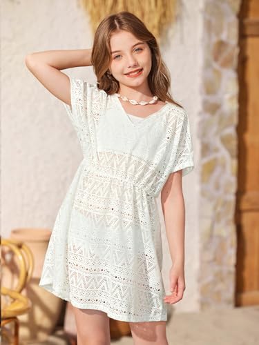 BesserBay Girls Summer Crochet Bat Sleeve Hollow Out Sheer Swimsuit A-line Hem Loose Fit Quickly Dry Coverups 5-14 Years3