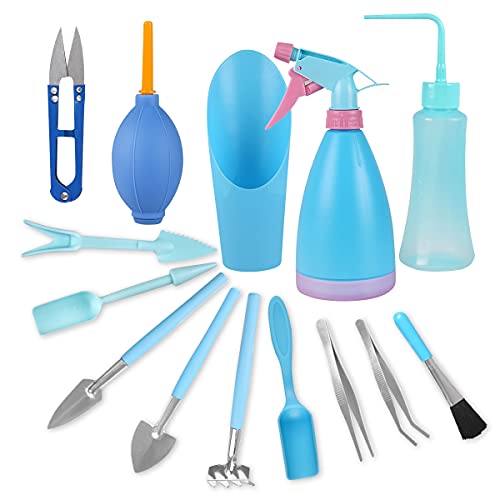youman Mini Garden Hand Tools Set,Succulent Tools Set, Plant Planting Tool Set for Indoor Miniature Fairy Garden Plant Care (Blue 14pcs)