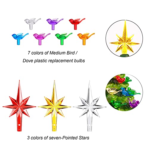 Ceramic Christmas Tree Replacement Lights Bulbs - Multicolor Plastic Medium Twist Light Ornaments, Bird/Dove Shape Artcraft Ornaments Sets, 100 Pc Bird Bulbs Plus 3 Star Topper #TOP2