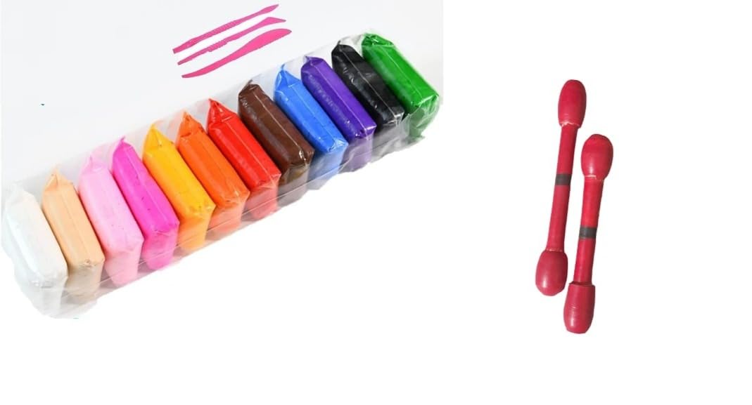 12 PCS Air Dry Modeling Clay with 1 Pair Wooden Juggling Clubs Combo Pack | 12 Color Soft Clay Set with 3 Sculpting Tools | DIY Art & Craft Kit | Fun Coordination Toy | Birthday Return Gift for Kids-image-36
