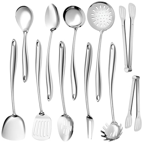 304 Stainless Steel Kitchen Utensils Set, 11 PCS Metal Cooking Utensils Set with Spatula, Spoon, Ladle, Skimmer, Turner, Pasta Server, Tongs