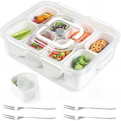 Bugucat Snack Box Container, 8 Compartment Divided Serving Tray with Lid and Handle, Clear Organizer or Storage for Snacks Dishwasher Safe Candy Tray for kids Adults Party Travel Picnic Entertaining Cover