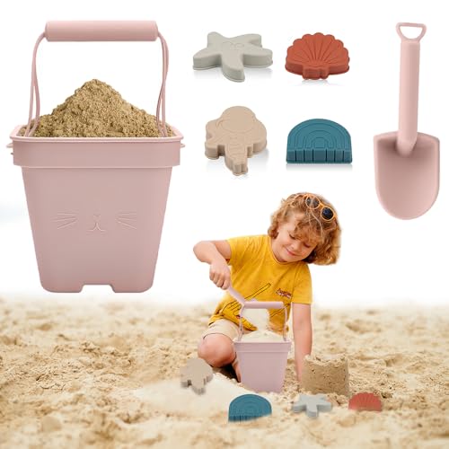 HOVCEH Juego de 6 juguetes de arena de silicona, juguetes de arena para niños, juego de juguetes de arena de silicona suave para niños pequeños, juguetes de playa, cubo de arena, pala, sirena,