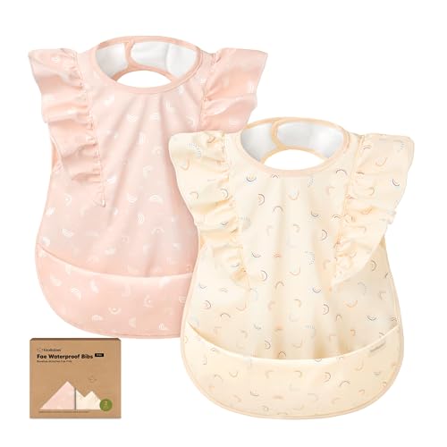 Image of KeaBabies Waterproof Bibs for Baby Girl,Boy – 2-Pack Lightweight, Large Baby Bibs for Eating, Wearable Food Catcher, 6-12 Months Infant Feeding Essentials, Smock for Toddlers 1-3, Kids (Jolly Rainbow)