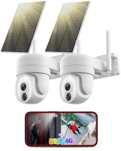 SYMYNELEC Telecamera di sorveglianza esterna 2K, batteria solare, 5 GHz/2,4 GHz, telecamera di sorveglianza esterna, 360° PTZ, senza fili, con rilevamento del movimento AI, visione notturna, audio