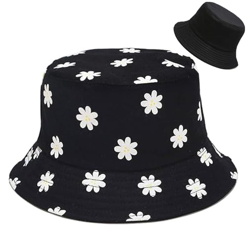 Malaxlx Flower Black Print Bucket Hat Beach Sun Hat Funny Fishing Hat For Women cover