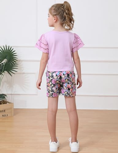 Image of mksodop Girls Clothes 2-Piece Teen Girls clothes Lace Hollow Short-Sleeved Twist T-Shirt And Floral Short Girl Summer Outfits