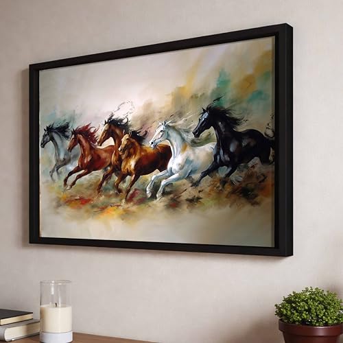 Image of 6 Running Horses Vastu Framed Wall Art Painting For Living Room | Artistic Three Horse Painting With Frame Symbol of Progress & Strength Wall Art For Home & Office, 10x12 Inch