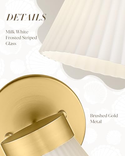 Image of Gold Wall Sconce, HWH Single Wall Light Fixture Brushed Gold Wall Lamp with Frosted Milk White Striped Glass Shade, Modern Indoor Wall Sconce for Kitchen Bedroom Schoolhouse, 5HZG97B BG