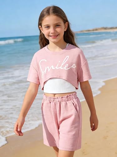 Image of Girl's Summer 3 Piece Outfits Graphic Short Sleeve Crop Top Cami and Shorts Clothes Set