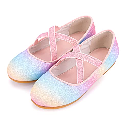 Girls Glitter Ballerina Dress Shoes Mary Jane Ballet Flats For Girls Wedding Party Back To School With Elastic Strap Rainbow #TOP3