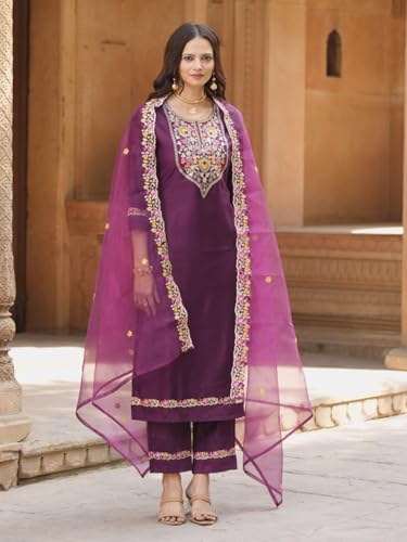 Image of VredeVogel Kurta Set with Dupatta | Viscose Rayon Embroidered Kurta Set for Women | Women's Ethnic Casual Kurti Set |Kurta Pant Festive Suit