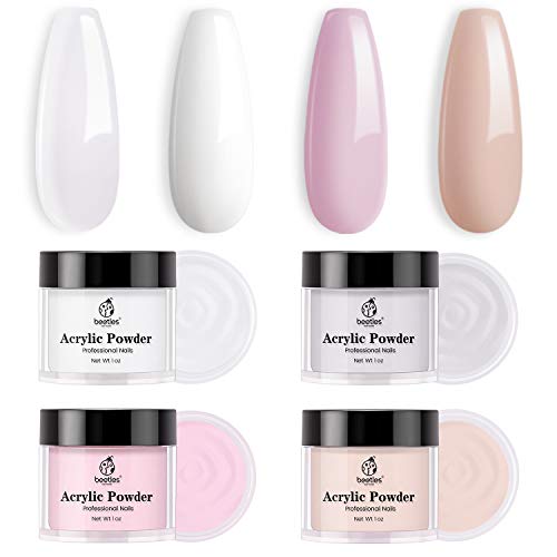 Beetles Acrylic Powder Nail Kit - 4 Colors 1Oz French Nail System Professional Nail Art Powder Set Clear White Nature Pink Cover Peach for Beginner Manicure DIY Home Saylon Design