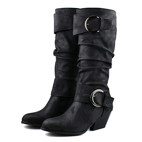 Womens Wide Calf Knee High Boots Round Toe Buckle Chunky Low Heel Winter Fall Boots Pull On Slouchy