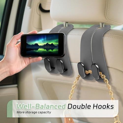 Image of Car Hooks for Headrest, 2Pcs Seat Back Storage Hook Luxurious Leather Multifunctional Car Hanger & Holder for Heatrest, Seat, Bag, Purse Black (2 Pack)