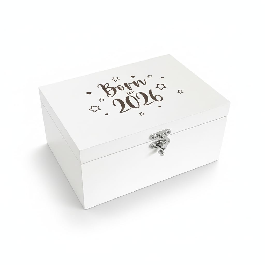 "Born in 2026" Engraved Baby Memory Box | White Wooden Keepsake Storage | Gender Neutral Gift for New Parents, Baby Shower & Grandparents | 27cm x 19cm x 14cm