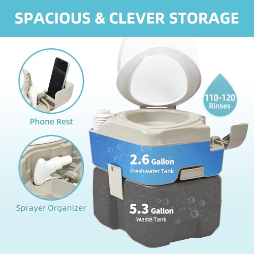 Image of YITAMOTOR 5.3 Gal Portable Toilet for Camping, RV Toilet with Diagonal Elongated Bowl Seat, Porta Potty with Hand Sprayer, Leak-Proof for Adults, RV Travel, Hospital, Boat, Trip, Home
