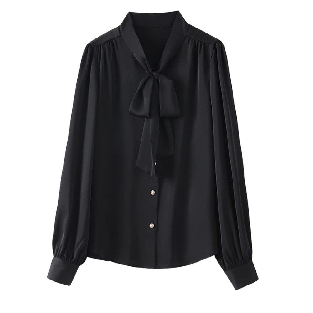 Longbluse Damen,Damen Langarmshirts Schwarz Einfarbig Stehkragen Fliege Knopf Klassische Blusen Frühling Herbst Lässige Strickjacke Mantel Arbeitsoberteile Stilvolle Lockere Hemden