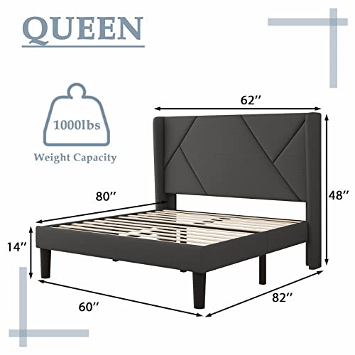 Feonase Queen Size Platform Bed Frame With Wingback, Geometric Upholstered Bed Frame With Fabric Headboard, Solid Wooden Slats, No Box Spring Needed, Easy Assembly, Noise-Free, Dark Gray #TOP1