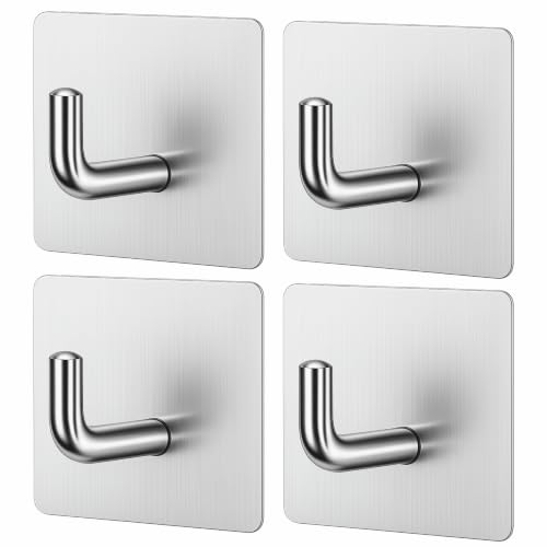 Image of JIALTO Adhesive Hooks, Wall Hanger Towel Hooks, Heavy Duty Wall Hooks for Hanging Ideal for Bathroom Shower Kitchen Home Door Closet Cabinet Stainless Steel - 4Packs