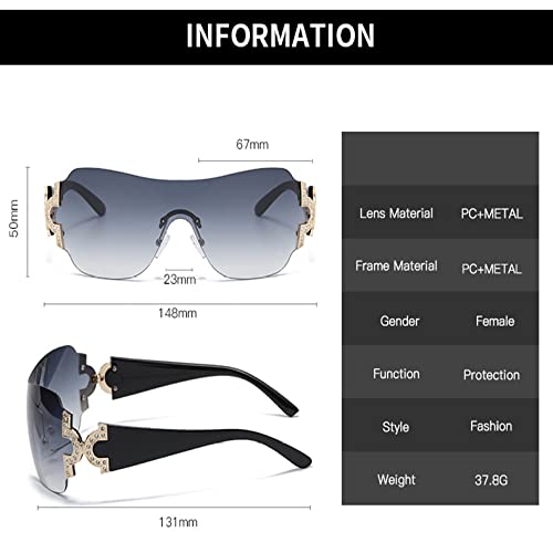 HMRGLMIE-Rimless Sunglasses Women Men Punk Rhinestone One Piece Goggle Sun Glasses Feminino De Sol Gafas UV4003