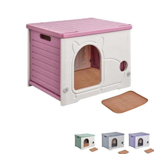 JourneyJoltキャットハウス 屋外 四季対応 防水 猫小屋 雨に強い 日よけ 半密閉 プラスチック ペットハウス 小型 野良猫 子犬用 屋外用 犬小屋 (ピンク,クールマット付き)