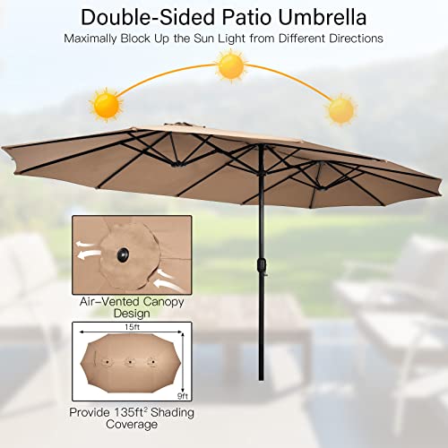 Image of Tangkula 15FT Double-Sided Patio Umbrella with Base, Extra-Large Market Umbrella W /Crank System, Outdoor Twin Umbrella W / 12-Rib Metal Structure & Air Vents for Garden, Backyard, Poolside (Tan)