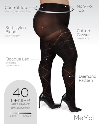 MeMoi Plus Size Diamond Opaque Curvy Tights, Comfortable Control Top Tights for Women - Sizes 1X-7X, Black3