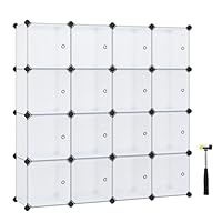 SONGMICS 16-Cube Storage Unit, Shoe Rack, Stackable Cubes, Plastic Closet Cabinet, Wardrobe, with Doors, for Bedroom, Office, Easy to Assemble, White LPC44BS