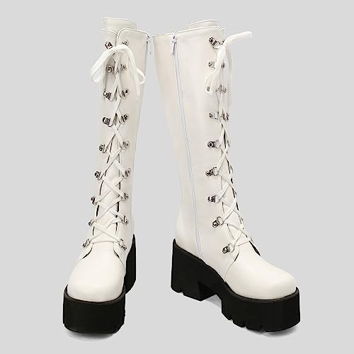 Image of Parisuit Women's Knee High Goth Platform Boots Lace Up Combat Boots | Chunky High Heel, Buckle Boots, Punk Chain Boots