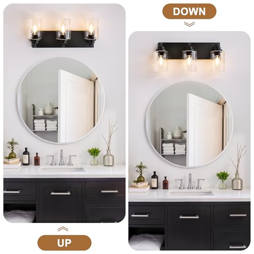Image of Black Bathroom Light Fixture, 3 Light Matte Black Vanity Light, 18.8 inch Modern Farmhouse Bathroom Lighting Fixtures Over Mirror, with Clear Glass Shade, Vanity Lights for Bathroom, Bedroom, Hallway