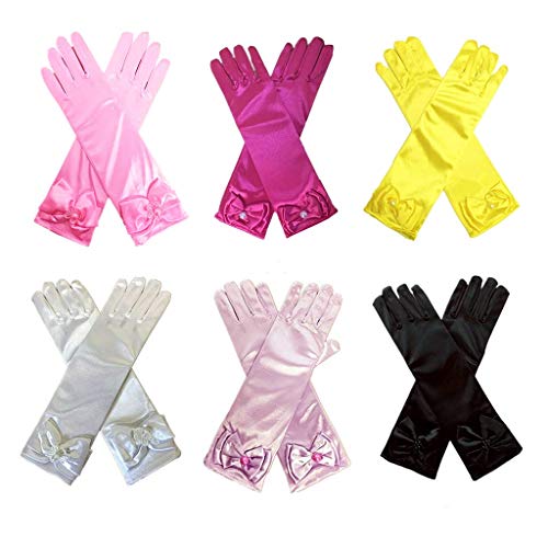6 Pairs Combo#3 Kid Stretch Satin Long Finger Pearl Bow Dress Gloves for Girl Children Party