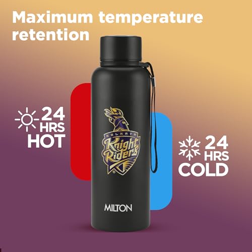 Image of Milton Sports Aura 750 | KKR Official Drinkware Partner I Limited Edition Kolkata Knight Riders Water Bottle | Stainless Steel I 24 Hr Hot& Cold | Designed for Cricket Lovers | 725 ml | Black