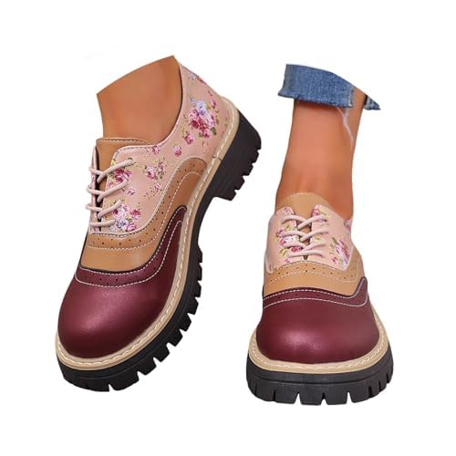 Womens Lace up Oxford Shoes Round Toe Chunky Heel Platform Floral Pattern Vintage Leather Shoes Thick Sole Waterproof